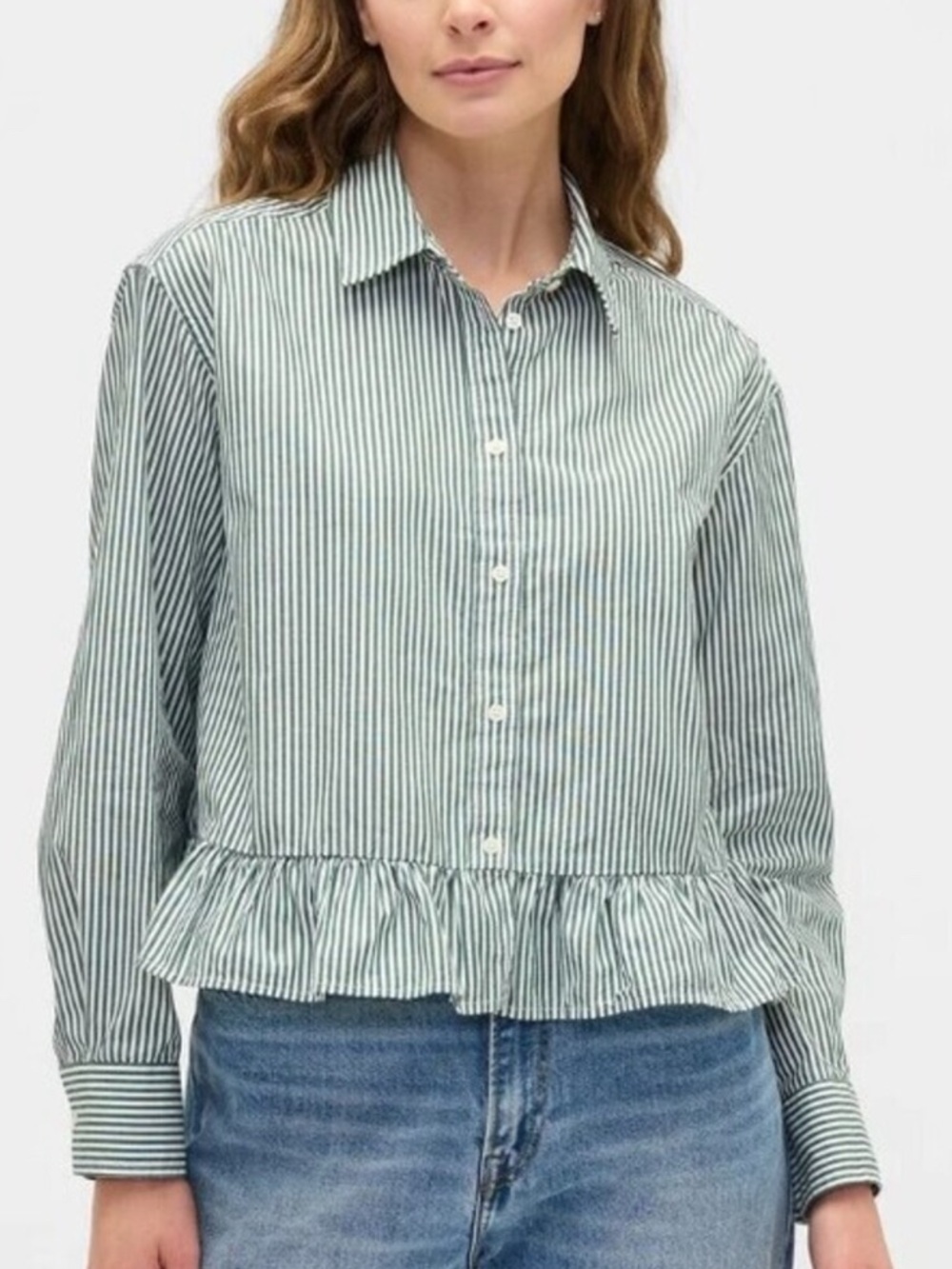 Gap Green White Striped Ruffle Hem Button Down Shirt Top Medium
